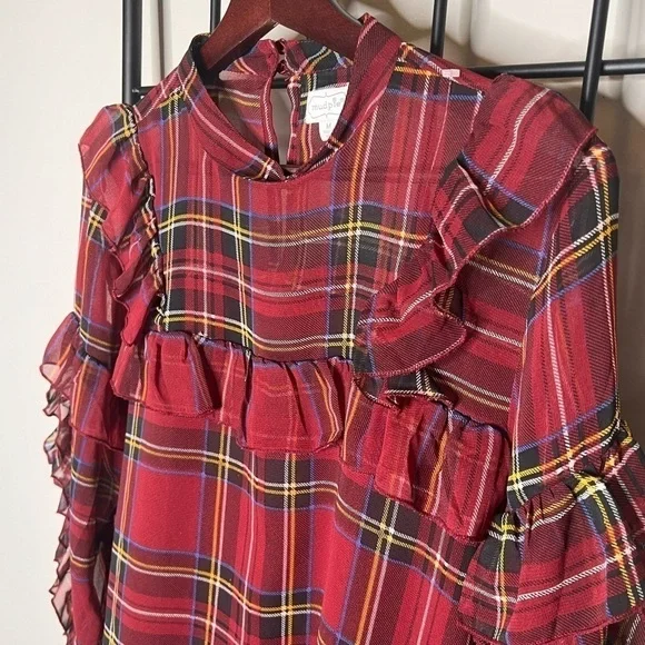 Mudpie Tartan Plaid Sheer Ruffle Chiffon Blouse Sz M - Picture 6 of 12